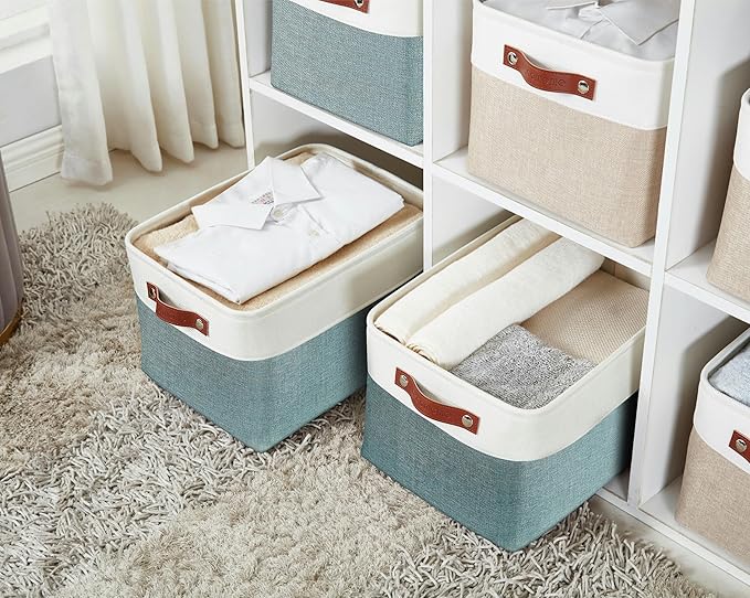 Storage Bins, Large Fabric Storage Baskets for Shelves, Green & White, 3 Pack