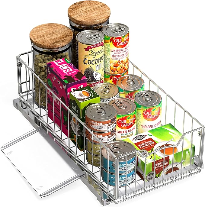 Simple Houseware Pull-Out Cabinet Sliding Basket Organizer, 17.2" D x 9.7" W x 5" H – Chrome Finished, Ideal for Kitchen and Bathroom Cabinet Storage, Under Sink or Pantry Organization