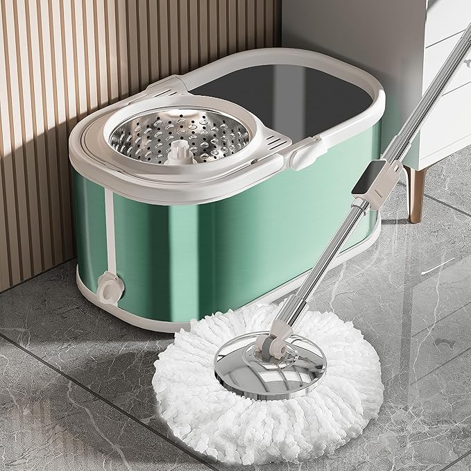 Spin Mop and Bucket with Wringer Set for Home,360° Mop and Bucket with Separate Clean and Dirty Water,Wet Dust Mop for Floor Cleaning with Extra Refills (Green)
