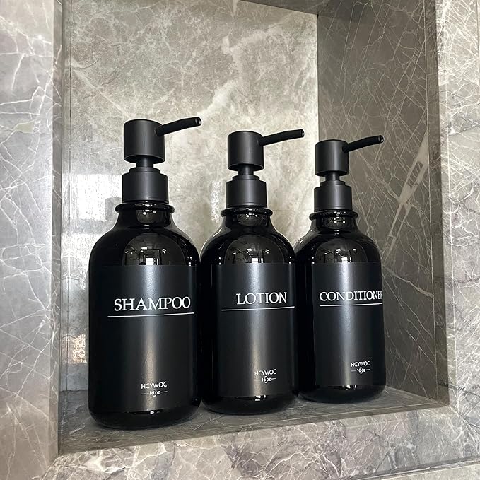 Shampoo Dispenser for Shower Wall, Shampoo and Conditioner Dispenser with 16 Waterproof Labels, No Drill Shower Soap Dispenser Bathroom, Shower Soap Dispenser Wall Mounted,17oz, 3 Pack, Black
