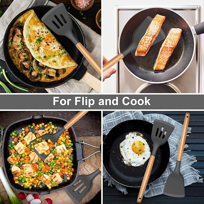 E-far Silicone Spatula Turner, 2 Pack Heat Resistant Kitchen Spatulas for Nonstick Cookware, Rubber Solid Slotted Spatula Cooking Utensils for Fish, Eggs, Pancakes (Gray)