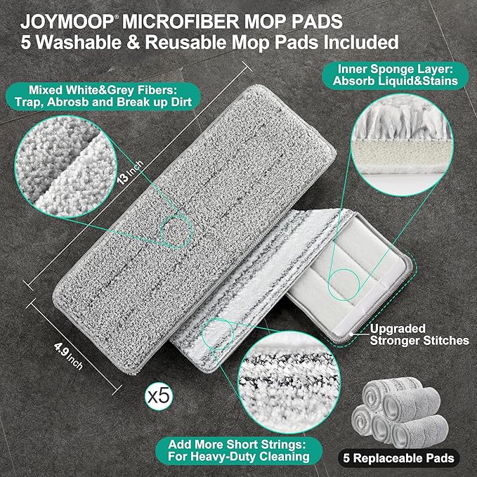 JOYMOOP Mop and Bucket with Wringer Set, Hands Free Flat Floor Mop and Bucket, 60" Mop with 5 Reusable Microfiber Pads, Wet and Dry Use, Floor Cleaning System