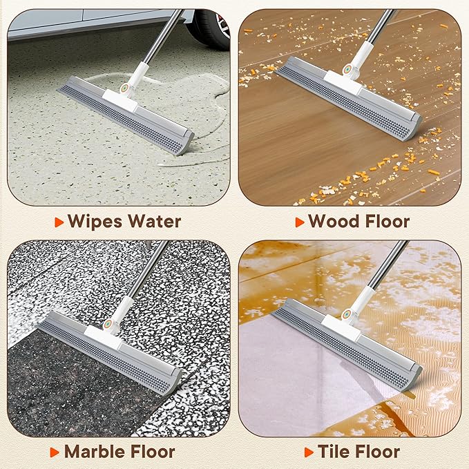 Floor Squeegee for Concrete Floors, 180° Rotating Silicone Broom, Squeegee for Floor with Long Handle and Dual-Sided Blade Design