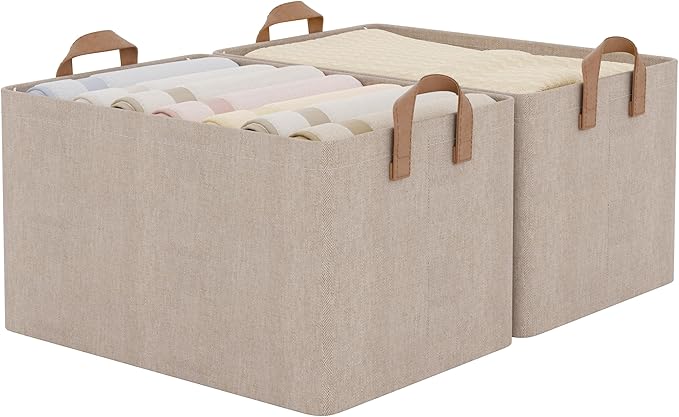 StorageWorks Storage Bins, Fabric Storage Bins for Shelves, Large Storage Baskets with Metal Frame, Closet Baskets and Bins with Handles, Brown and Beige, 2-Pack