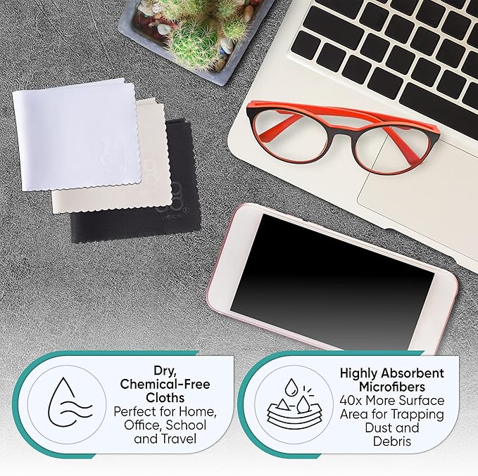 Microfiber Cleaning Cloth 12-Pack Individualy Packed (6"x 7") Glasses Cleaning Cloths for Eyeglasses Phone Computer Screen Laptop Camera Lenses (12 Black)