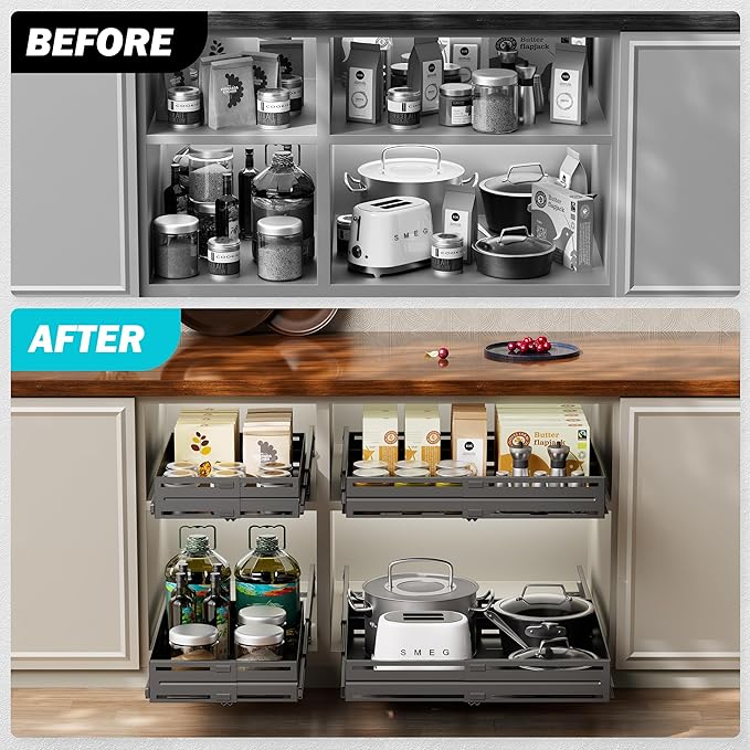 Pull Out Cabinet Organizer, Expandable Width 8"-13", Heavy Duty Metal Slide Out Drawers for Cabinets, Expandable Cabinet Pull Out Shelves for Kitchen, Pantry, Bathroom, Black