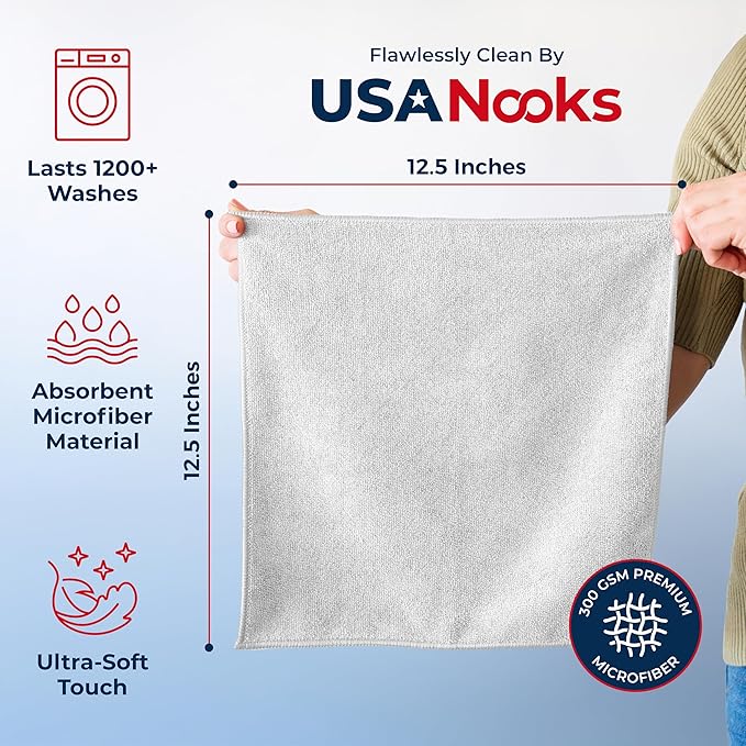 USANOOKS Microfiber Cleaning Cloth - White - 24Pcs (12.5x12.5 inch) High Performance - 1200 Washes