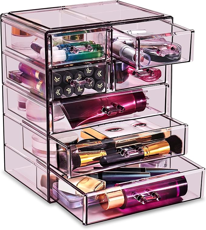 Sorbus Acrylic Makeup Organizer Set, 7-Drawer Vanity & Countertop Cosmetic Storage with Small & Wide Drawers, Purple Makeup Storage for Brushes