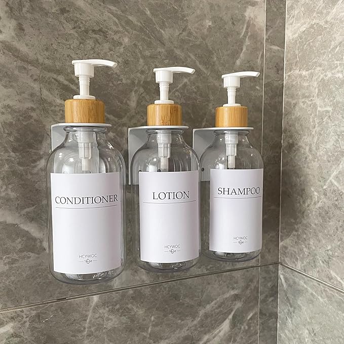 Shampoo Dispenser for Shower Wall, Shampoo and Conditioner Dispenser with 16 Waterproof Labels, No Drill Shower Soap Dispenser Bathroom, Shower Soap Dispenser Wall Mounted,17oz, 3 Pack, Clear