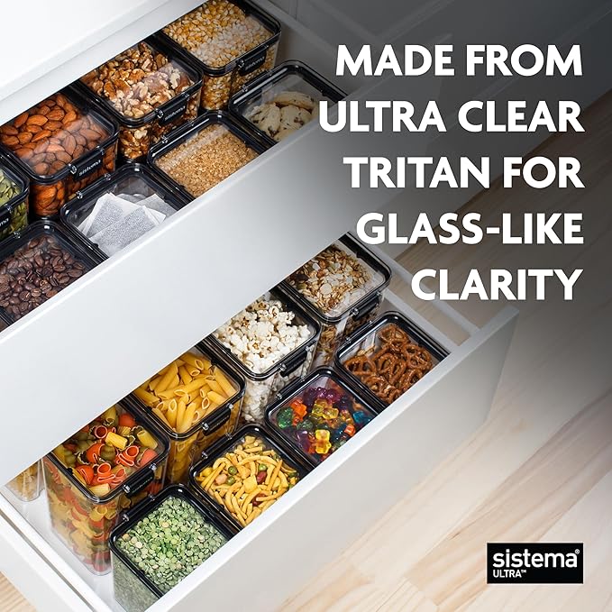 Sistema Tritan Ultra Airtight Pantry & Kitchen Storage Containers, 3-Pack, Clear Stackable Square Food Storage, BPA-Free, Dishwasher & Freezer-Safe