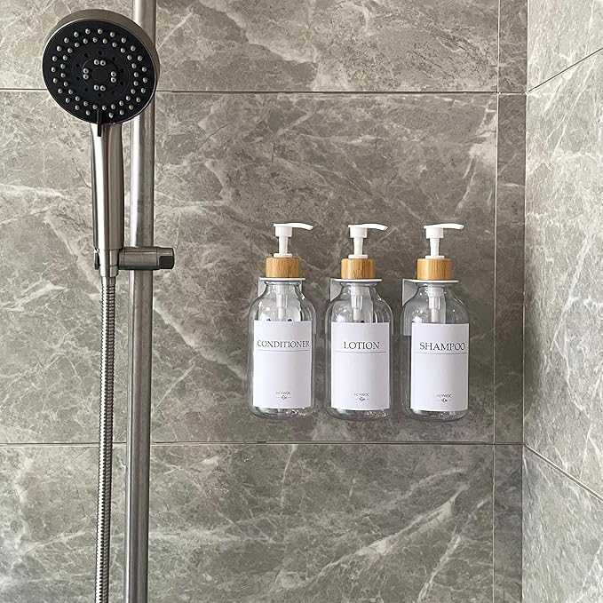 Shampoo Dispenser for Shower Wall, Shampoo and Conditioner Dispenser with 16 Waterproof Labels, No Drill Shower Soap Dispenser Bathroom, Shower Soap Dispenser Wall Mounted,17oz, 3 Pack, Clear