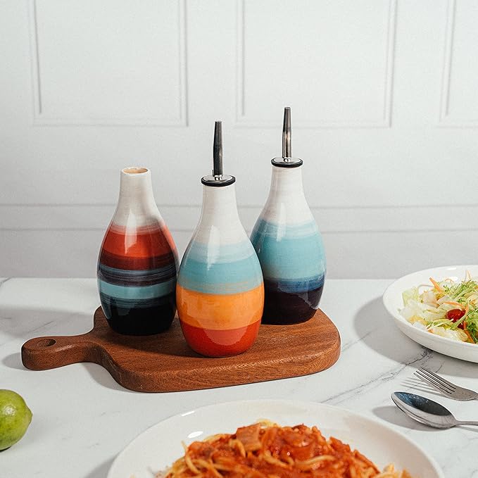 GUTE Cruet Ceramic Olive Oil & Vinegar Dispenser Bottle – Pottery Dressing Server – 400ml Condiment Cruet with Pourer Stopper – Kitchen Carafe for Cooking Ceramic Server 6" H 3" W Multicolored