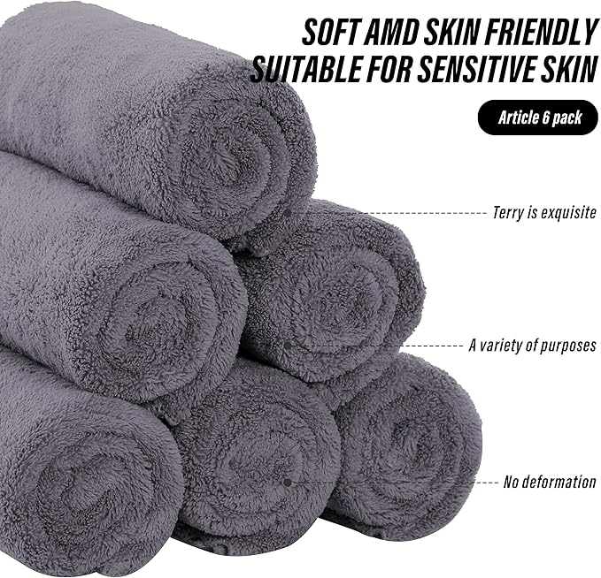 MOONQUEEN 6 Pack Premium Hand Towels - Quick Drying - Microfiber Coral Velvet Highly Absorbent Towels - Multipurpose Use as Hotel, Bathroom, Shower, Spa, Hand Towel 16 x 28 inches (Gray)