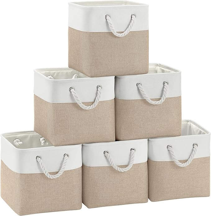 FinishingBo Fabric Cubes Storage Basket, 6 Pack 11x11 inch with Handles Cube Storage Bins, for Shelves, Home, Office Organizers (White/Khaki)