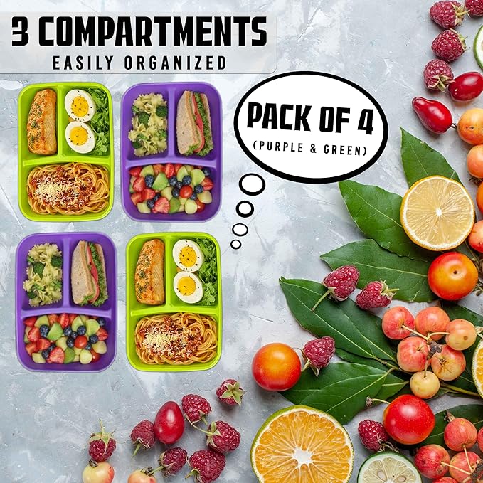 Neez 4-Pack Reusable Bento Box Lunch Containers- 3 Compartment Divided Lunch Organizer, Meal Prep Lunch Box with Lids, Microwave Safe & Sectioned Food Containers(48oz Green & Purple)
