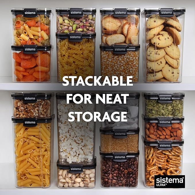 Sistema Tritan Ultra Airtight Pantry & Kitchen Storage Containers, 3-Pack, Clear Stackable Square Food Storage, BPA-Free, Dishwasher & Freezer-Safe