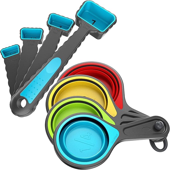 Kaptron Tools Spoons and Collapsible Measuring Cups Set 8 Pieces, Multiple Sizes, Multicolor