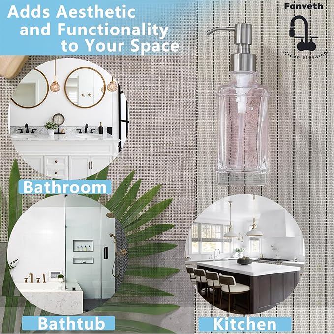 Clear Glass Soap Dispenser with Brushed Nickel Pump, 10 OZ Rectangle Glass Bottle with Stainless Steel Pump Refillable Liquid Hand Soap Dispenser Square Slim for Bathroom Kitchen