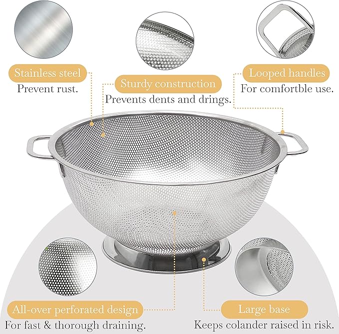 Bellemain Colander for Kitchen – 5 Qt Stainless Steel Strainer with Handle - 18/8 Pasta Strainer Bowl for Pasta, Spaghetti, Vegetables, Fruit