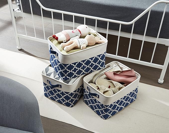 DECOMOMO Blue Storage Bins Fabric Storage Baskets for Shelves, Linen Closet Organization Toys Nursery (Blue Patterns, Large - 3 Pack)