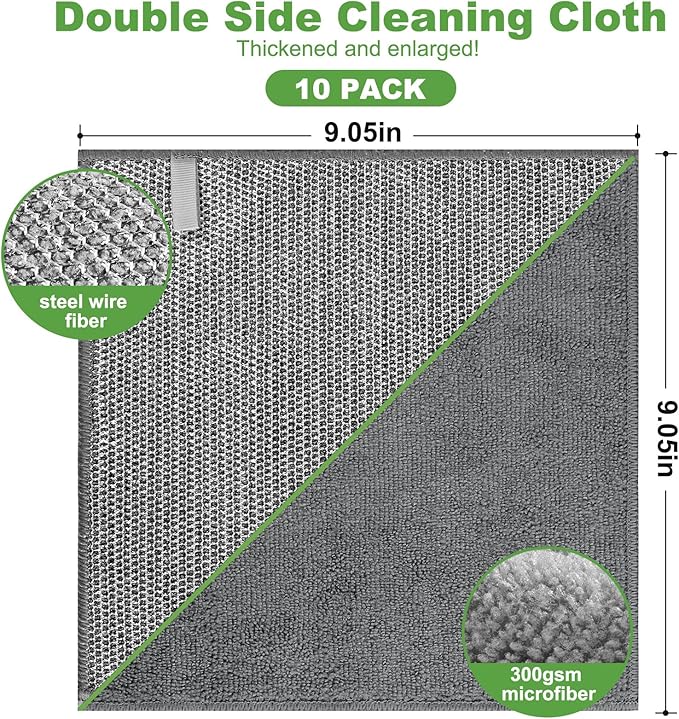 Jeymei 10 Counts Multipurpose Wire Dishwashing Rag,Non Scratch Wire Dishcloth for Washing Dishes,Microfiber Miracle Cleaning Cloth with Mesh,Dual-Sided Steel Mesh Cloth for Pot,Metal Scrubber,Grey