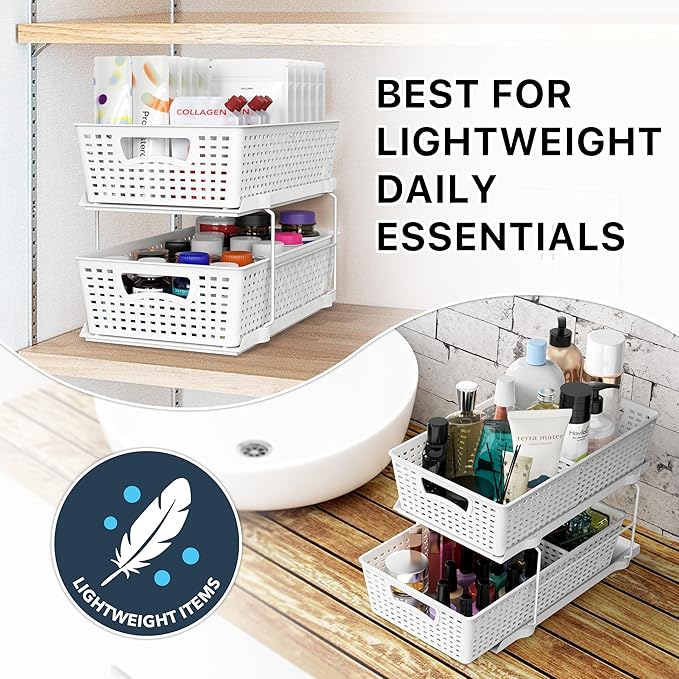Simple Houseware 2 Tier Bathroom Organizer Tray Pull-Out Sliding Drawer, Under Sink Storage, White