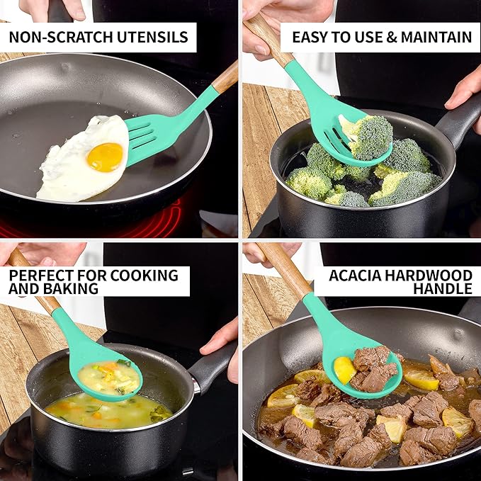 Zulay Kitchen Non-Stick Cooking Utensils Set with Authentic Acacia Wood Handles – 5-Piece Durable & Stylish Silicone Kitchen Utensils Set – Heat Resistant to 464°F – Mint