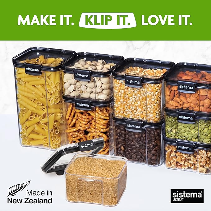 Sistema Tritan Ultra Airtight Pantry & Kitchen Storage Containers, 3-Pack, Clear Stackable Square Food Storage, BPA-Free, Dishwasher & Freezer-Safe