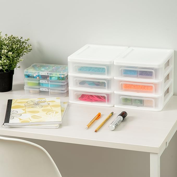 IRIS USA Plastic Stacking Desk Top 3-Drawer Storage Organizer, 2-Pack