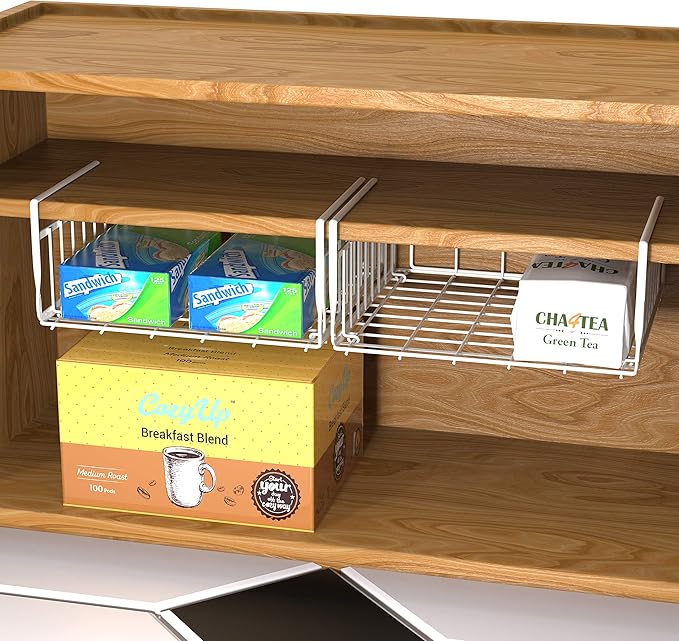 Simple Houseware Under Shelf Basket, White – 2-Pack Space-Saving Storage Organizer for Kitchen, Pantry, Closet, Office – Wire Metal Shelf Organizer, No Tools Required