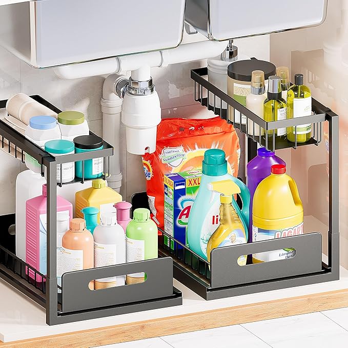 VUSIGN Under Sink Organizers Storage, 2 Tier Under Cabinet Organizer Shelf, Pull Out Kitchen Bathroom Sink Organizer Storage Organization, 2 Pack Black