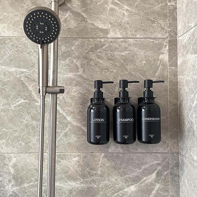Shampoo Dispenser for Shower Wall, Shampoo and Conditioner Dispenser with 16 Waterproof Labels, No Drill Shower Soap Dispenser Bathroom, Shower Soap Dispenser Wall Mounted,17oz, 3 Pack, Black