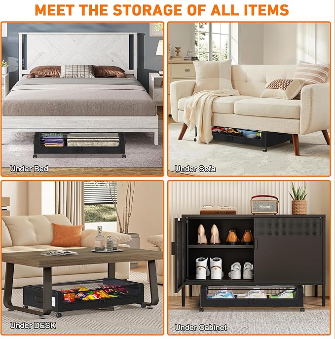 Under Bed Storage with Wheels, 4 Pack Under Bed Storage Containers with Dividers & Clear Lids, XXL 65L Under the bed storage Organizer Bins