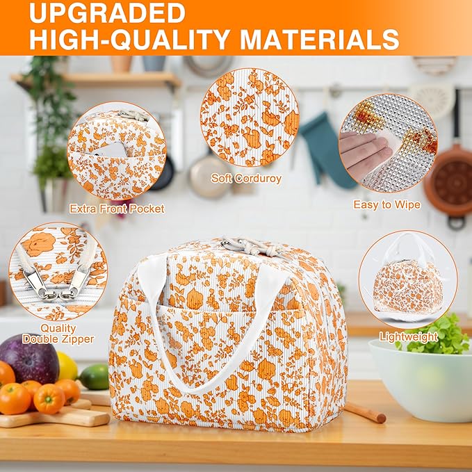 TESAFNG Lunch Bag - Insulated Lunch Box for Women, Reusable Large Capacity Cooler Bag for Adult, Small Leakproof Cute Corduroy Lunch Tote for Work Office Travel Picnic (Corduroy Orange-Flower)