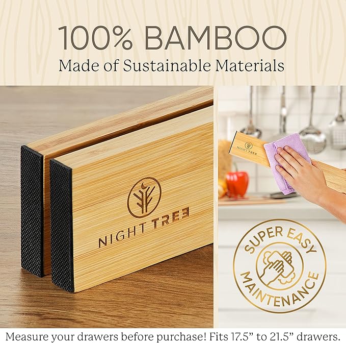 Night Tree Expandable Bamboo Drawer Dividers – Spring-Loaded Wooden Organizers for Clothes, Kitchen Utensils, Bathroom, and Dresser Drawers (18" to 20")
