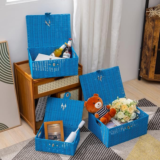 Set of 3 Woven Wicker Storage Basket Box with Lids & Lock, Blue