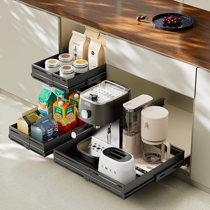 Pull Out Cabinet Organizer, Expandable Width 8"-13", Heavy Duty Metal Slide Out Drawers for Cabinets, Expandable Cabinet Pull Out Shelves for Kitchen, Pantry, Bathroom, Black
