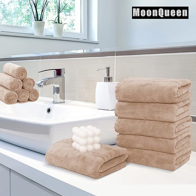 MOONQUEEN 6 Pack Premium Hand Towels - Quick Drying - Microfiber Coral Velvet Highly Absorbent Towels - Multipurpose Use as Hotel, Bathroom, Shower, Spa, Hand Towel 16 x 28 inches (Brown)