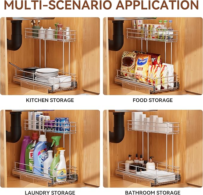 Under Sink Organizer 2 Packs, Pull Out Cabinet Organizer 2 Tier