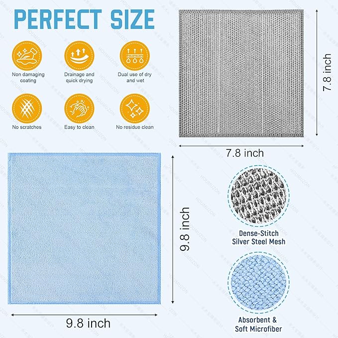 Non Scratch Wire Dishcloth and Microfiber Cleaning Cloth 10pcs-Multipurpose Wire Dishwashing Rags Wire Mesh Cleaning Cloth,Kitchen Towels and Dishcloths Sets for Cleaning Pans Sinks & Cookware (10)