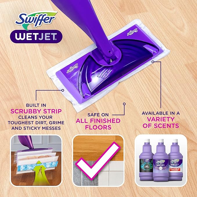 Swiffer WetJet Hardwood and Floor Spray Mop Cleaner Starter Kit, Includes: 1 Power Mop, 10 Pads, Cleaning Solution, Batteries