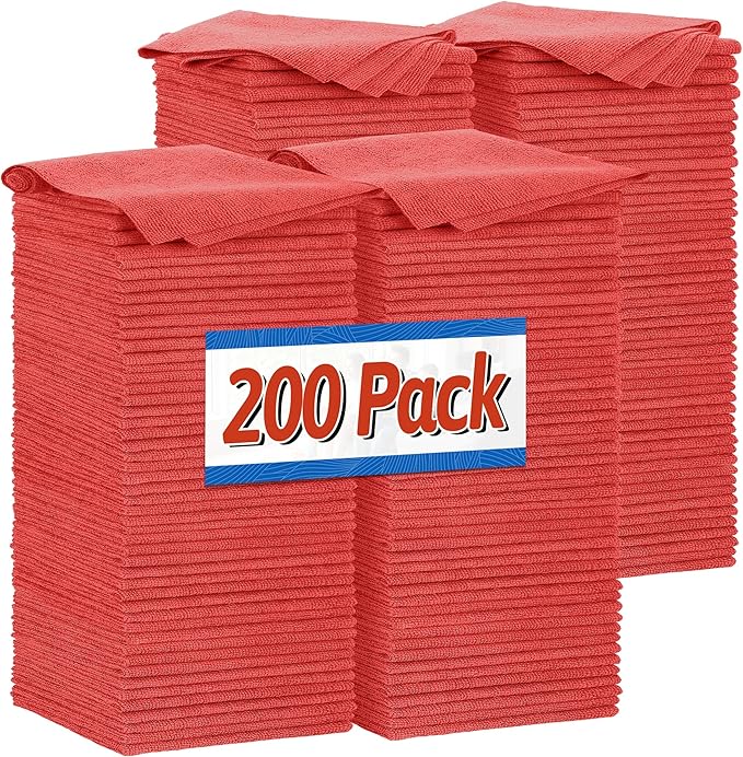 FIXSMITH Shop Towels, Red Microfiber Cleaning Cloth Bulk, 200 Pack Microfiber Towels for Cars, All-Purpose Absorbent Cleaning Rags, Dust Cloth for Automotive, Mechanic, Garage, Bar, 11.5 x 11.5 inch