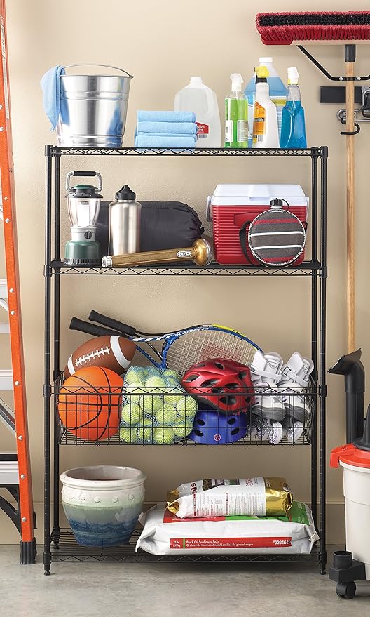 4-Wire Shelving Unit, Metal Storage Shelves with Basket