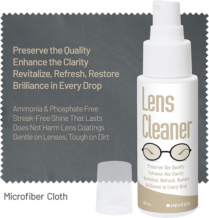 invera Eyeglass Cleaner Spray with Microfiber Cloth Kit, Lens Cleaner for Eyeglasses, Sunglasses, Camera Lenses & Electronic Screens, Gentle, Odor-Free, Compact 1.7 fl oz Lens Cleaner Spray