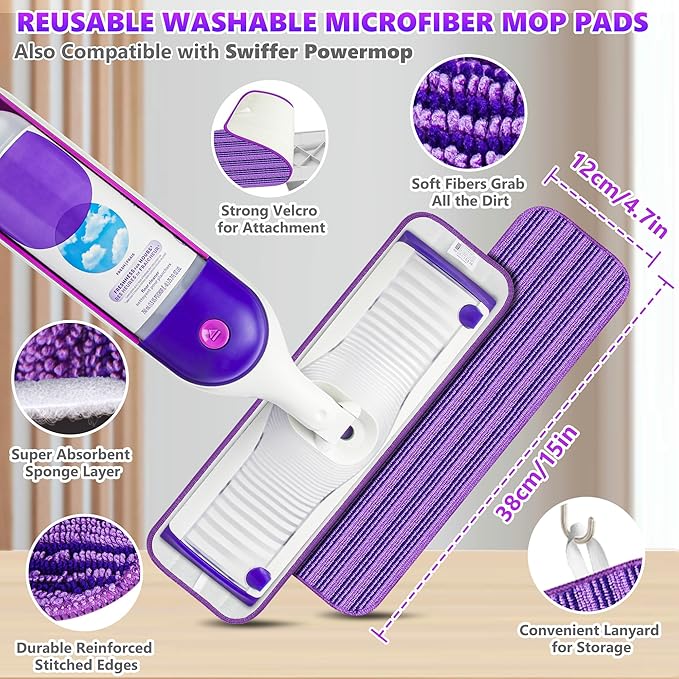 Microfiber Spray Mops for Floor Cleaning - SEVENMAX Dry Wet Floor Mop with Sprayer 3 Washable Pads fit Swiffer Powermop for Hardwood Laminate Tile Wood Vinyl Ceramic Home Kitchen Cleaning