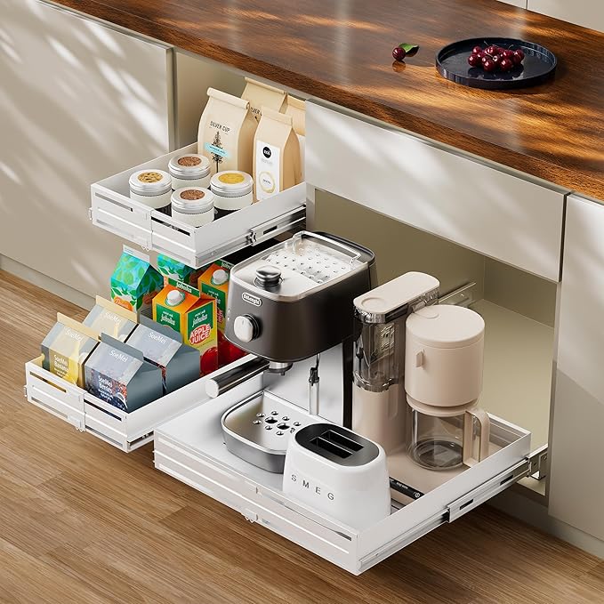Pull Out Cabinet Organizer, Expandable Width 13"-22", Heavy Duty Metal Slide Out Drawers for Cabinets, Expandable Cabinet Pull Out Shelves for Kitchen, Pantry, Bathroom, White