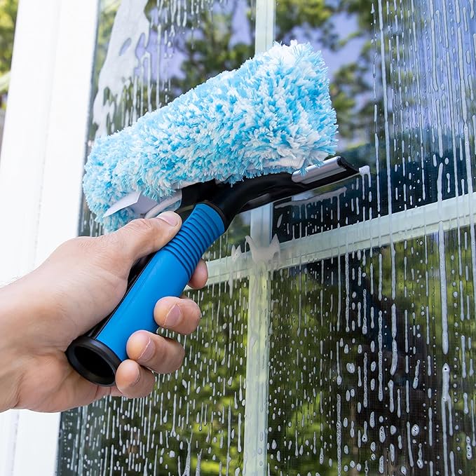 Unger Professional Connect and Clean 2-in-1 Squeegee and Scrubber, 6” Window Cleaning Tool, Commercial and Residential Use