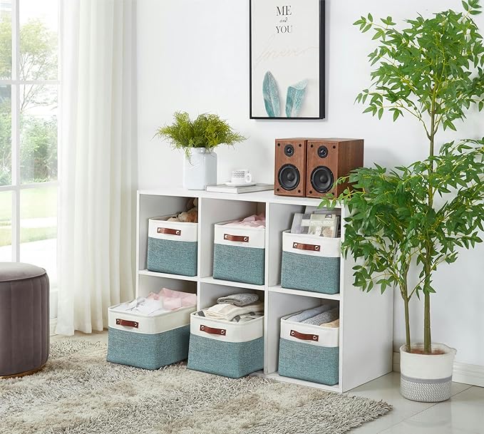 Storage Bins, Large Fabric Storage Baskets for Shelves, Green & White, 3 Pack