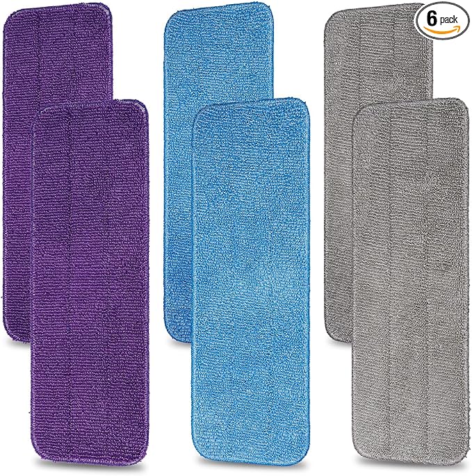 HOMEE Reusable Microfiber Mop Pads, 6 Pack 18"x 6" Mop Head Replacement, Wet/Dry Home & Commercial Cleaning Scrubbing Floor Pad - Blue,Grey,Purple