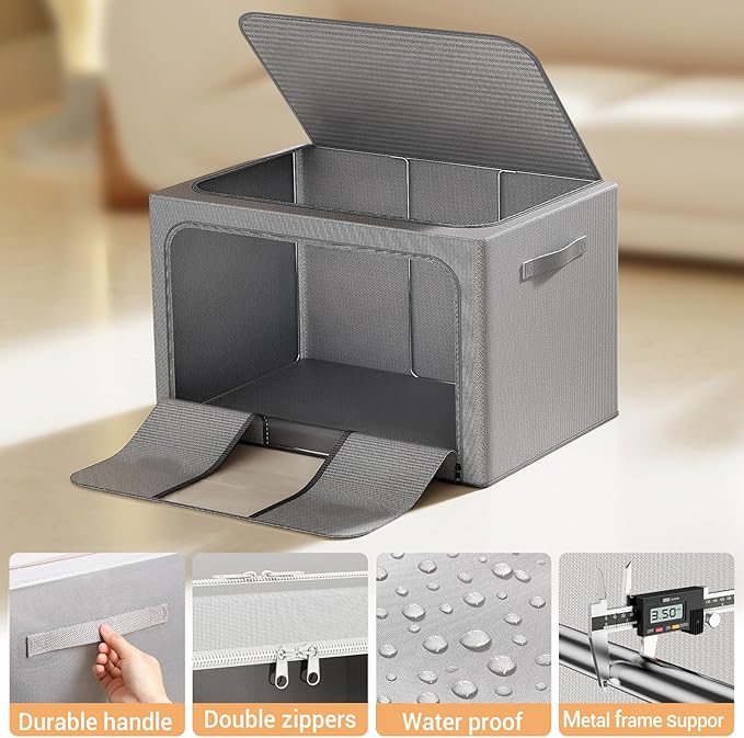 Clothes Storage Bins with Metal Frame, 100L, 3 Pack, Deep Grey